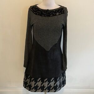 Save The Queen Faux Leather Herringbone Trim Dress